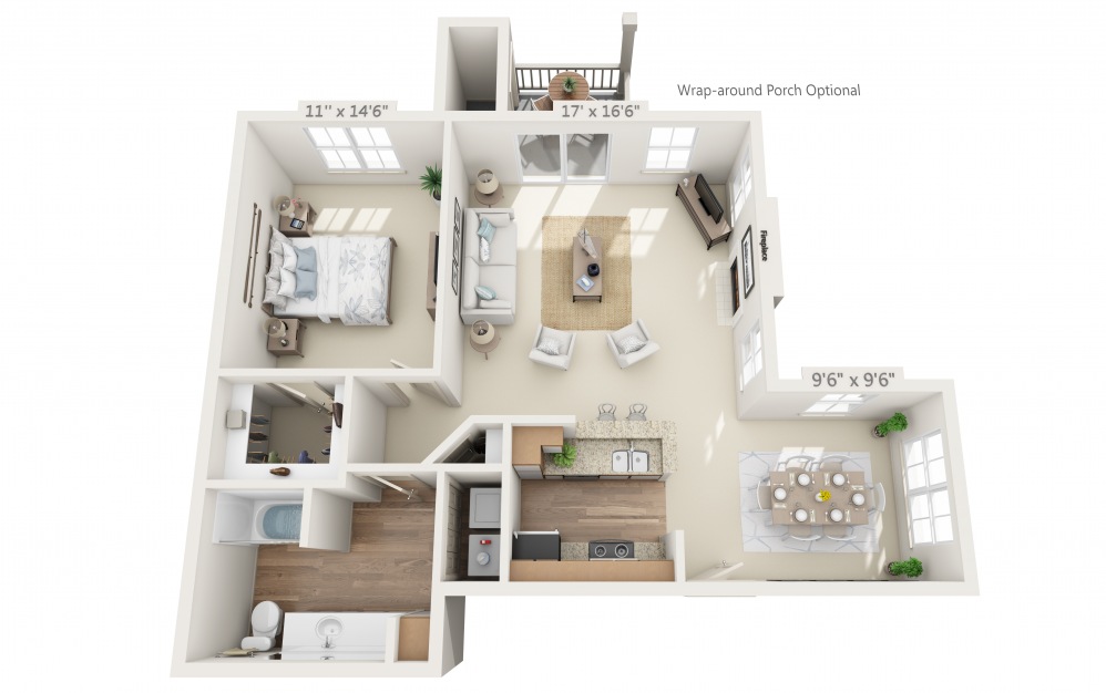 The Haven - 1 bedroom floorplan layout with 1 bath and 900 square feet.