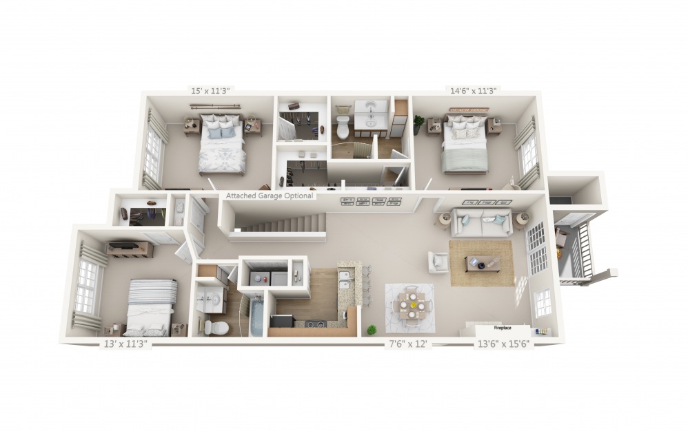 The Oasis - 3 bedroom floorplan layout with 2 baths and 1400 square feet.