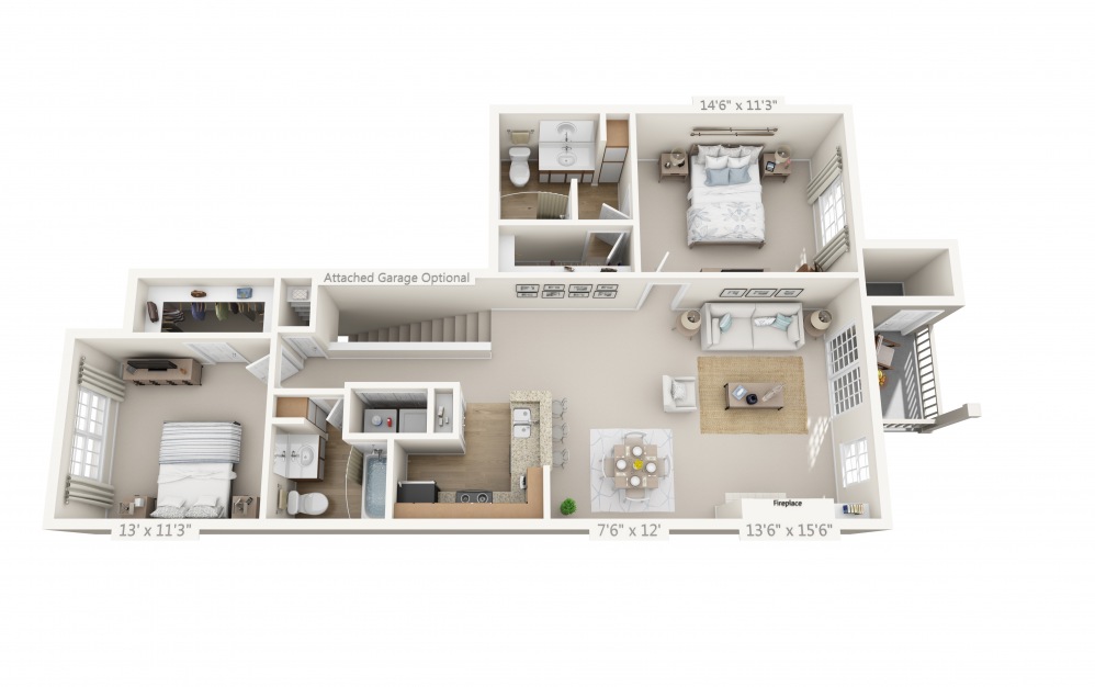 The Retreat - 2 bedroom floorplan layout with 2 baths and 1135 square feet.