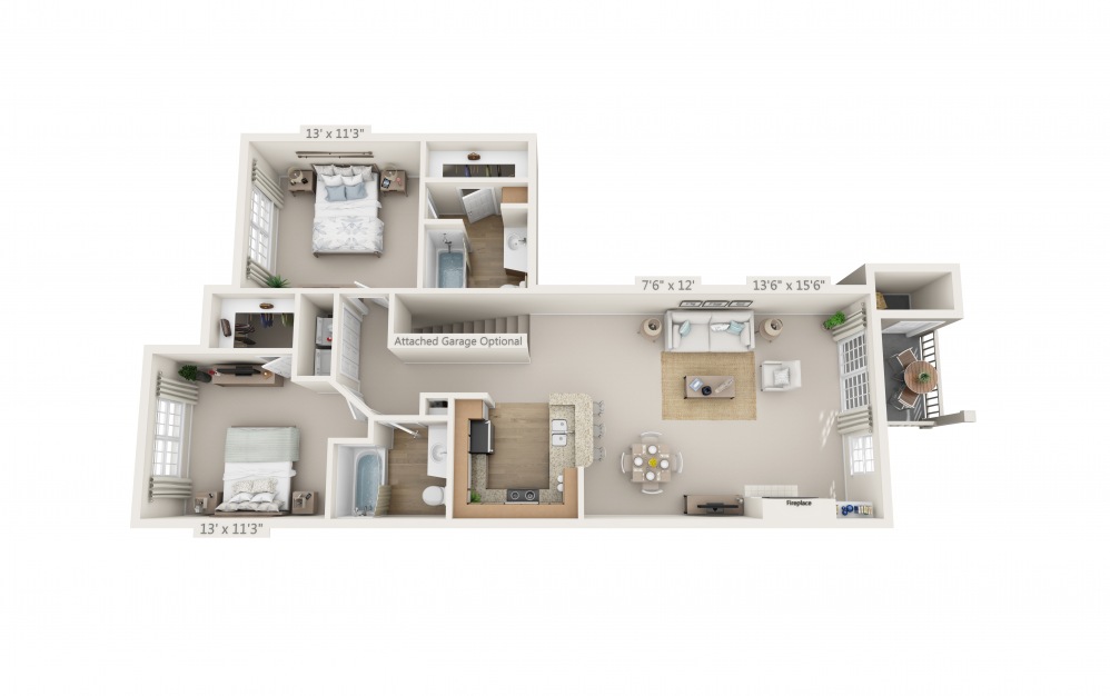 The Serenity - 2 bedroom floorplan layout with 2 baths and 1110 square feet.