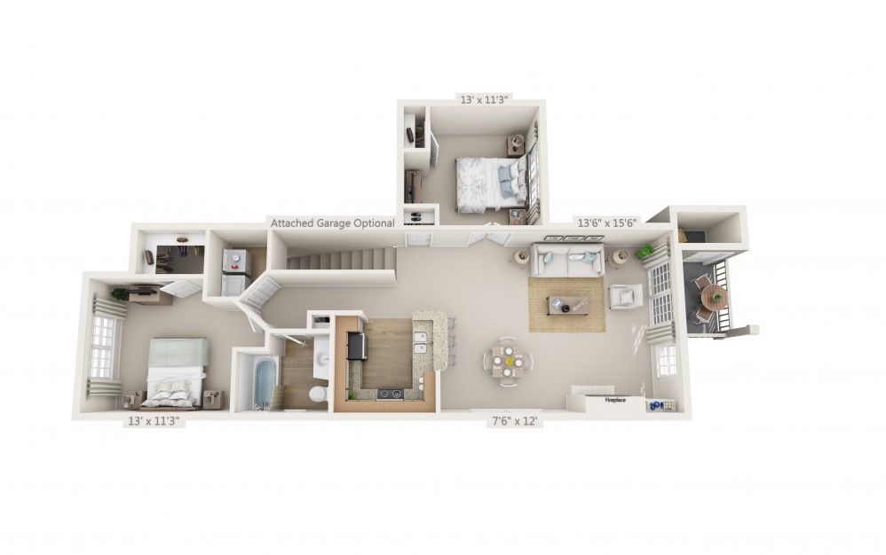 The Tranquility - 2 bedroom floorplan layout with 1 bath and 1025 square feet.
